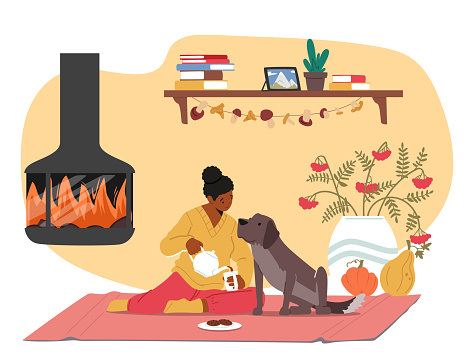 Woman Character Savors Tea By The Fireplace, Accompanied By Her Dog. Embracing The Cozy Autumn Ambiance, They Find Comfort And Joy In The Warmth Of Home. Cartoon People Vector Illustration