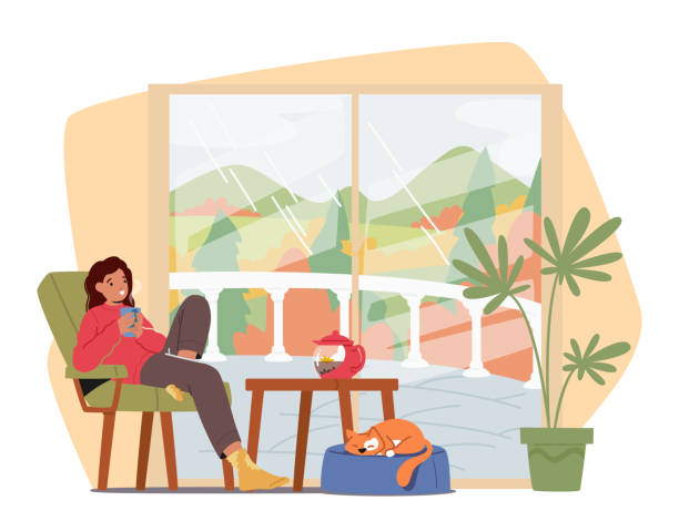 ilustrações, clipart, desenhos animados e ícones de mulher gosta de tomar chá, criar um ambiente aconchegante de outono dentro de sua casa, entregando-se a momentos reconfortantes - domestic cat indoors domestic life image