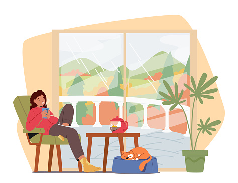 Woman Enjoys Sipping Tea, Creating A Cozy Autumn Ambiance Within Her Home, Indulging In Comforting Moments Of Relaxation. Relaxed Female Character and her Cat. Cartoon People Vector Illustration