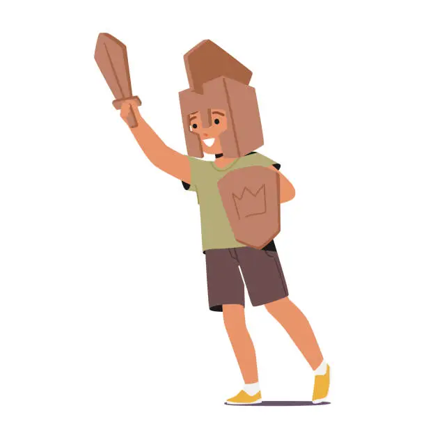 Vector illustration of Young Boy Character Proudly Dons A Homemade Cardboard Knight Costume, Shield and Sword, Vector Illustration