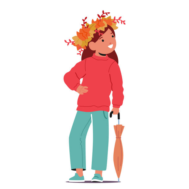 Little Girl Wearing A Wreath Of Colorful Autumn Leaves, Standing Gracefully With A Folded Umbrella, Vector Illustration Little Girl Wearing A Wreath Of Colorful Autumn Leaves, Standing Gracefully With A Folded Umbrella, Capturing The Enchanting Beauty And Serenity Of The Fall Season. Cartoon People Vector Illustration folded sweater stock illustrations