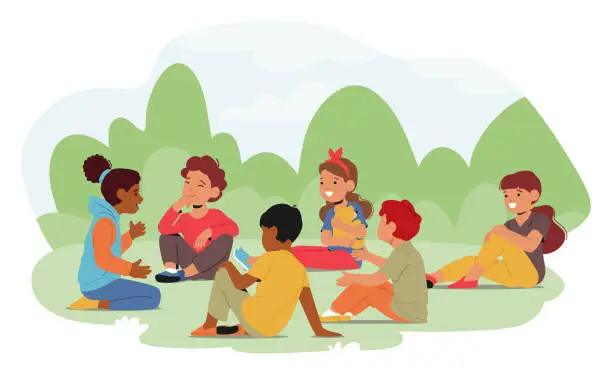 Vector illustration of Group Of Children Sitting On Field, Engaged In Conversation And Connecting With One Another, Vector Illustration