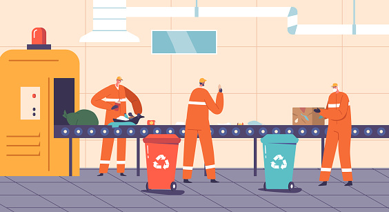Characters Labor On A Garbage Processing Belt, Sorting, Separating and Compressing Waste Materials For Recycling Or Disposal, Ensuring A Cleaner Environment. Cartoon People Vector Illustration