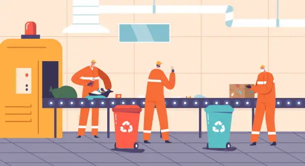 Vector illustration of Characters Labor On A Garbage Processing Belt, Sorting, Separating And Compressing Waste Materials For Recycling