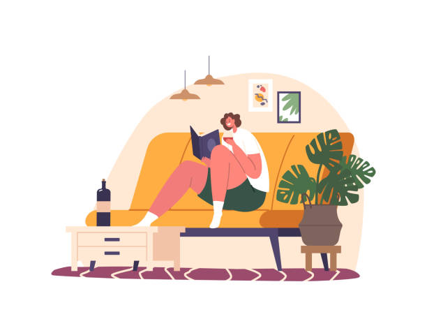 ilustrações de stock, clip art, desenhos animados e ícones de woman enjoys relaxing weekend at home, immersed in good book, finding solace and contentment within the pages - solace