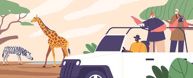 Adventurous Travelers Explore Wild Beauty of Africa On A Thrilling Jeep Safari Tour, Marveling At Exotic Wildlife And Vast Landscapes. Cartoon People Watching and Shooting Animals. Vector Illustration
