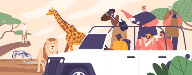Vector illustration of Characters at Thrilling African Safari Tour With Diverse Wildlife, Stunning Landscapes, And Cultural Immersion