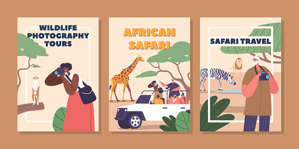 Banners with Adventurous Travelers Explore Africa On A Thrilling Jeep Safari Photography Tour, Marveling At Exotic Wildlife And Vast Landscapes. Cartoon People Shooting Animals. Vector Illustration
