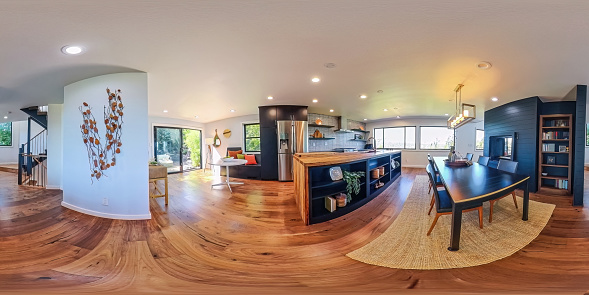 360-degree Photo of a modern luxury home interior, kitchen and dining area