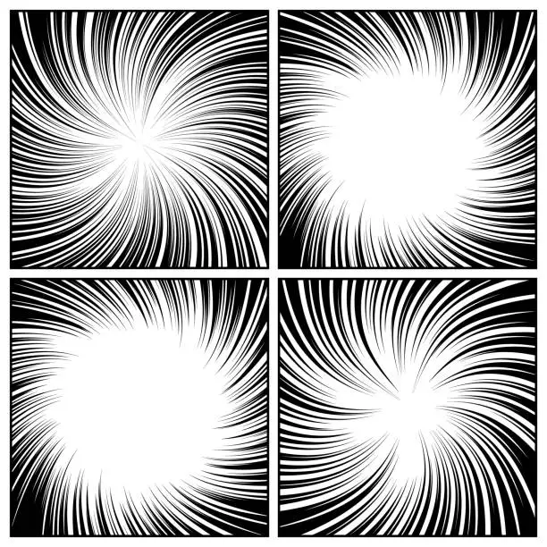 Vector illustration of Twisted comic book radial rays, lines. Comics background with motion, speed lines. Pop art style elements. Vector illustration