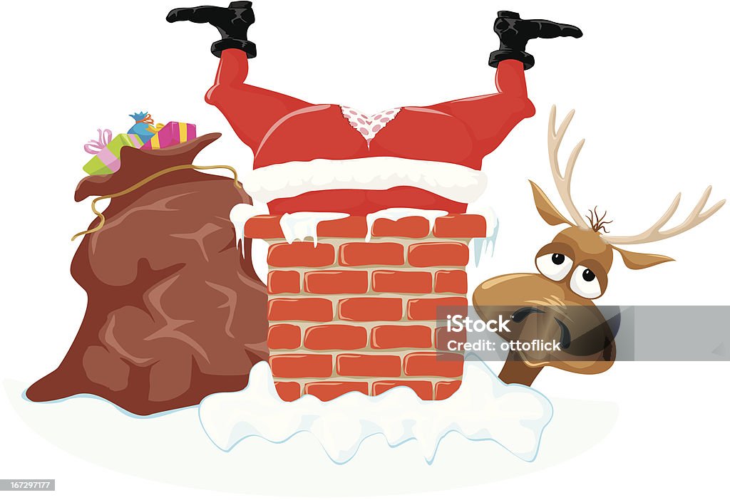 Santa nel comignolo e renne - arte vettoriale royalty-free di Babbo Natale