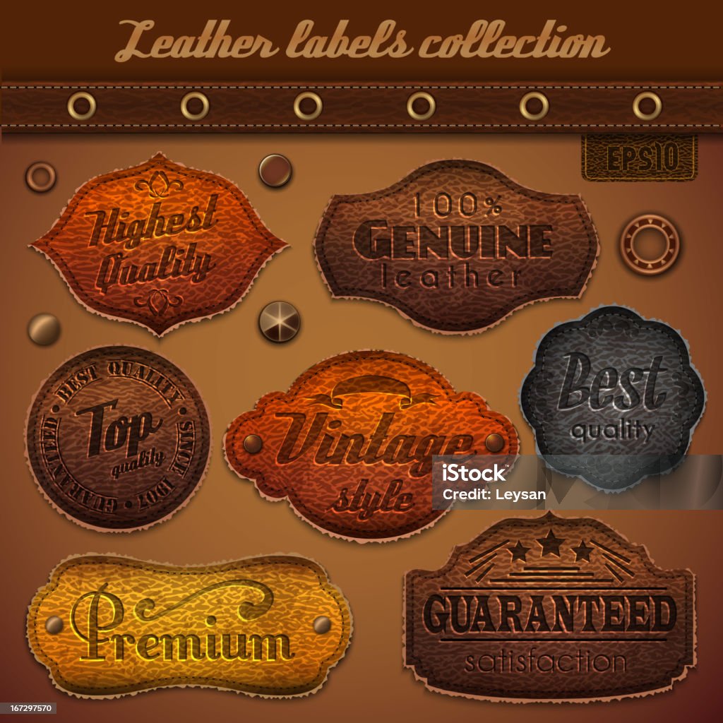 A collections of leather labels describing leather quality File version: AI 10 EPS. File contains transparencies. No gradient mesh.  Leather stock vector