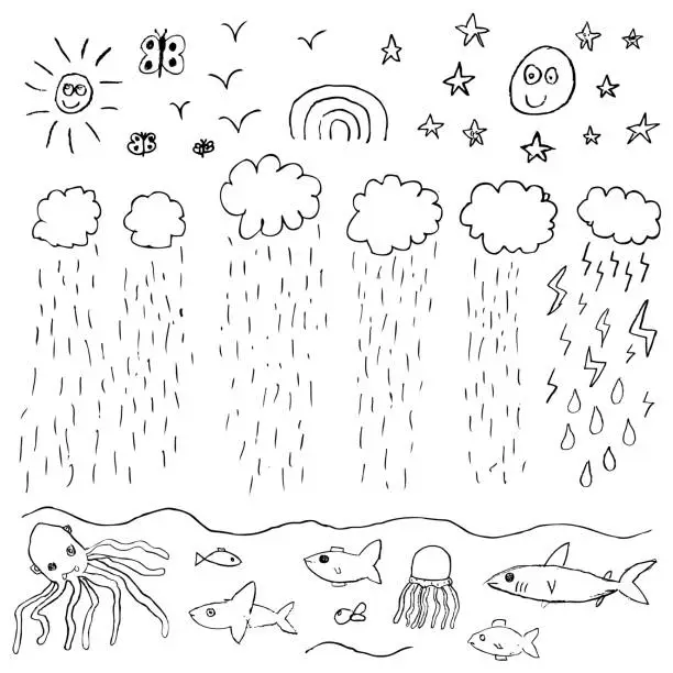 Vector illustration of Kids fun sketchy nature weather doodle