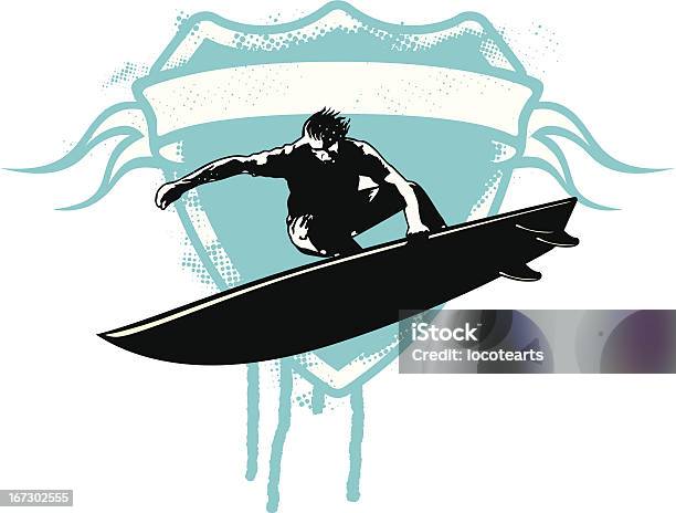 Gruge Surfshield Mit Surfer Und Banner Für Text Stock Vektor Art und mehr Bilder von Graffito - Graffito, Surfen, Brandung