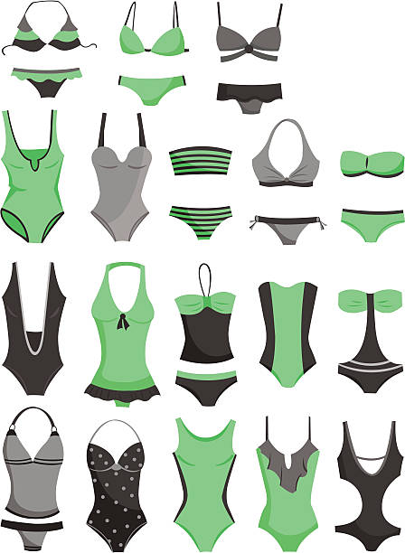 Swimsuits A set of women's swimwear isolated on white background polka dot bathing suit stock illustrations