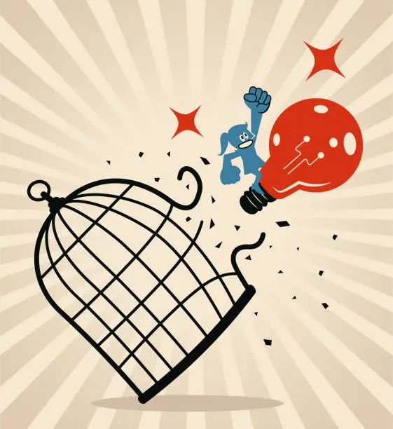 Vector illustration of A confident businesswoman riding a big idea light bulb breaks through the cage