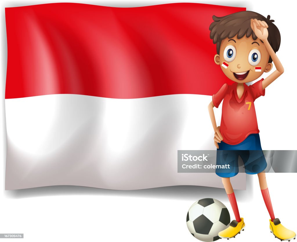 Garçon avec ballon de football, debout et drapeau de Monaco - clipart vectoriel de Adulte libre de droits