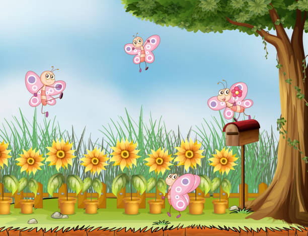 Four pink butterflies at the garden Four pink butterflies at the garden sunflower vine stock illustrations