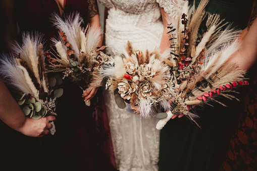Close up of dried wedding bouquets at a wedding ceremony