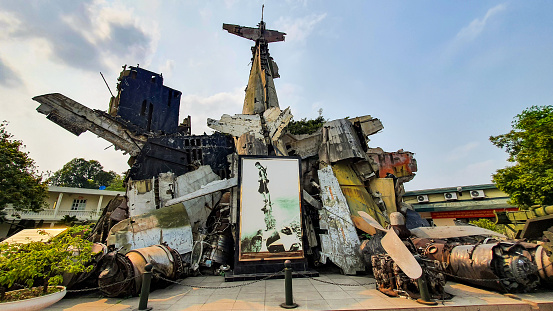 Ha Noi, Vietnam - April 10, 2022 : Wreckages of American Military Aircraft At Vietnam Military History Museum Ha Noi.