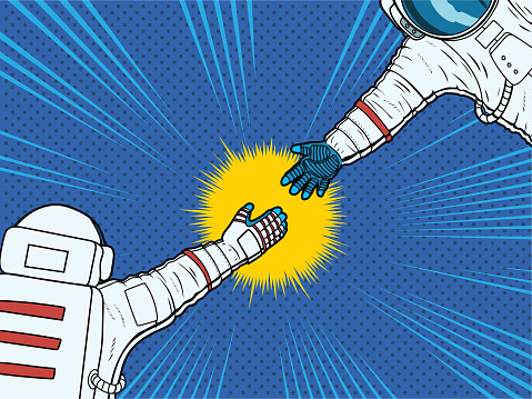 A retro pop art style vector illustration of two astronauts reaching their hands to each other to give help. Wide space available for your copy.