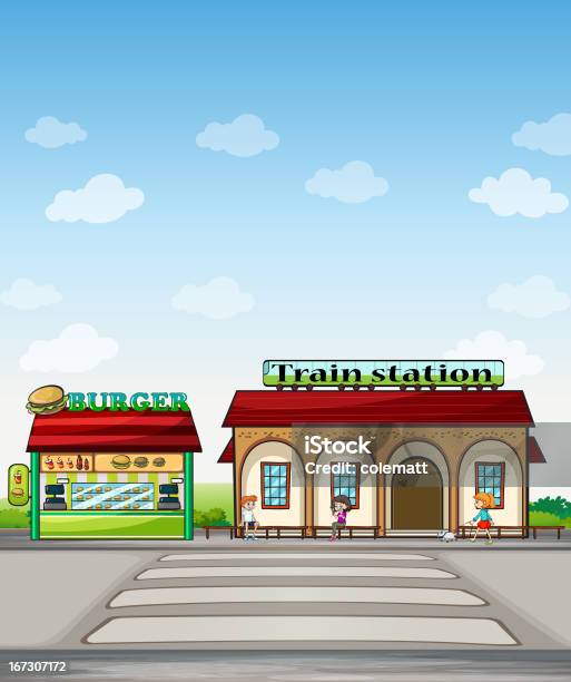 Burger Junction And A Train Station Stock Illustration - Download Image Now - Animal, Bench, Blue