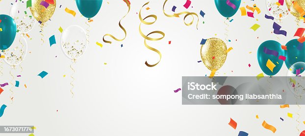 istock Celebration background with balloons and confetti. Vector illustration. 1673071774
