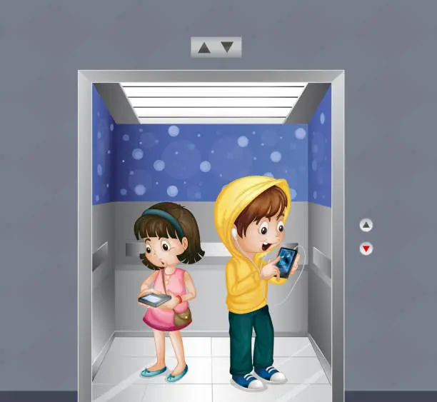 Vector illustration of Kids with gadgets at the elevator