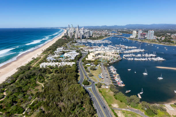 Wide angle aerial view of the Gold Coast looking up the ocean and rive into Surfers Paradise.