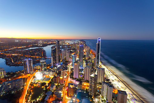 Wide angle view of Surfers Paradise in the evening from an elevated view on the Gold Coast, Queensland.