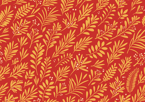 Seamless gold and red abstract Christmas floral vector plant designs for use on Christmas cards and promotional advertising.