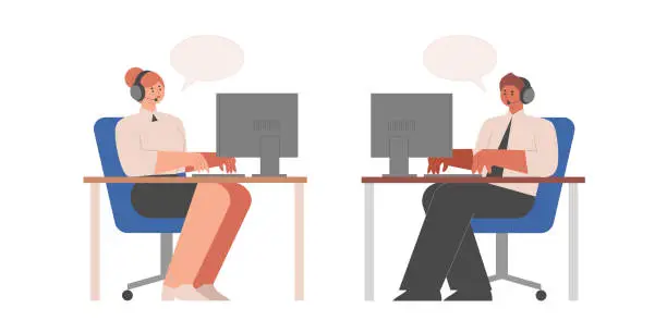 Vector illustration of Employees at the help center are wearing headsets and responding to customers.