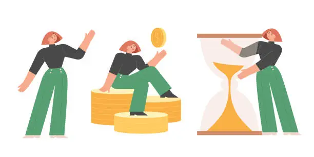 Vector illustration of A business woman is raising her hand and explaining. She is sitting on a stack of coins and looking at her hourglass.