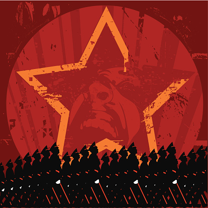 Nice soviet era poster style. Since early days of soviet revolution, posters are a very efficient form of cooptation and propaganda. Illustration represents oppressive state actions over individuals rights. Man screaming inside star can be easily deleted if you want. Marching soldiers can be used by independent way.