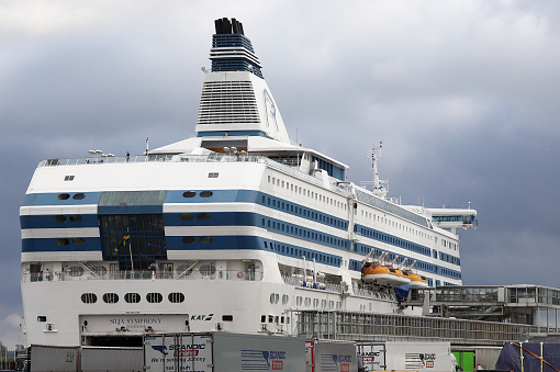 Helsinki, Finland - September 5, 2023: rear view of the crusieferry Silja Symphony, soon leving for Stockholm.