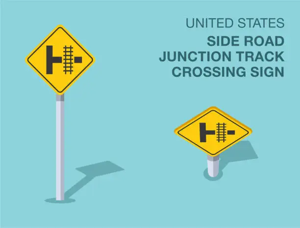 Vector illustration of Traffic regulation rules. Isolated United States side road junction track crossing sign. Front and top view. Vector illustration template.