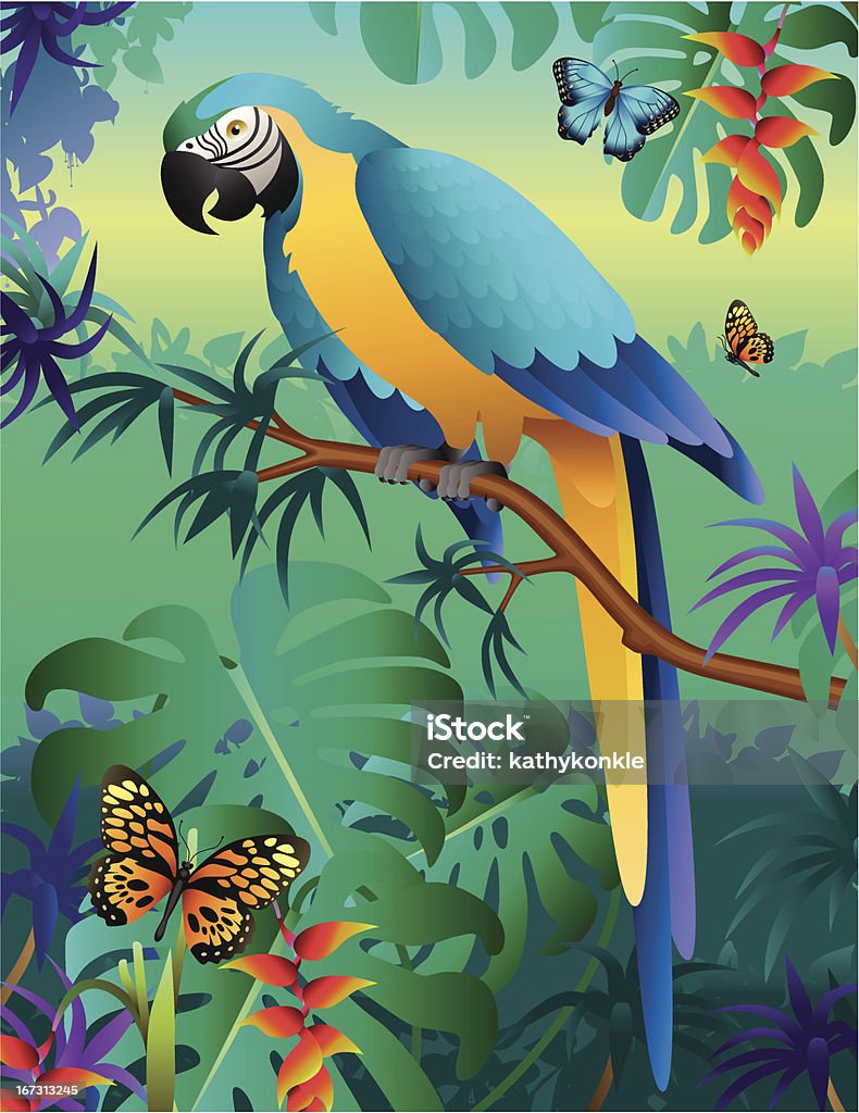 Ara bleu et or dans la forêt amazonienne - clipart vectoriel de Ara libre de droits