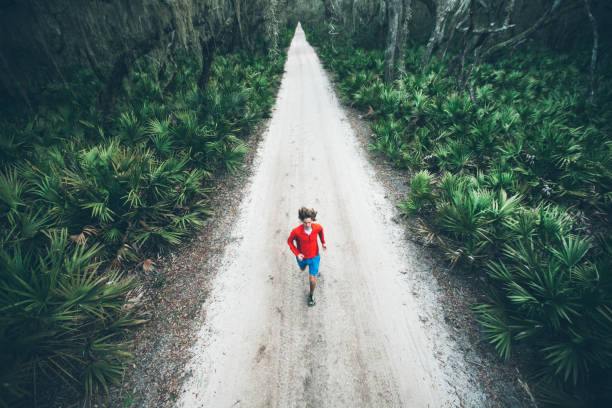 istock Solitary male runs under trees on road at sunset 167313246