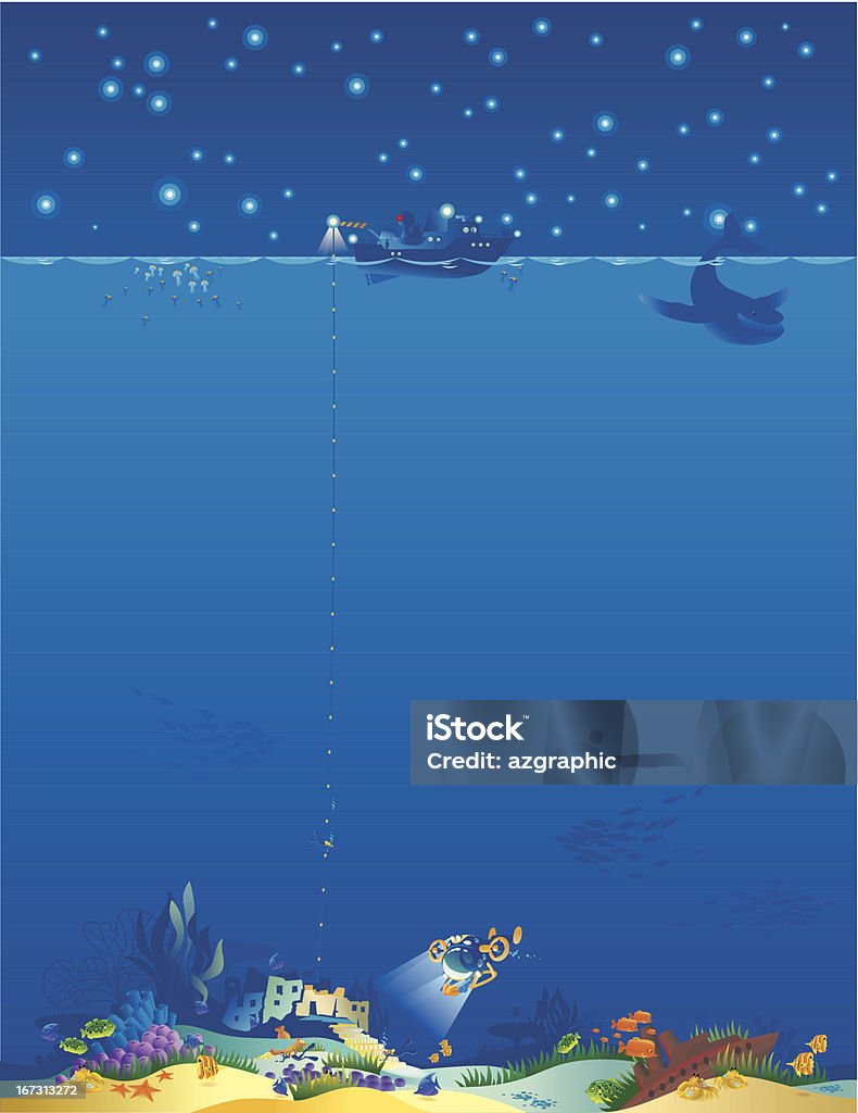 Underwater World-vertical. Night ocean illustration with the ancient ruins, scientific ship, bathyscaphe, scuba divers, sunk ship and fishes. You can upload your design project to Design spotlight: http://www.istockphoto.com/design_upload.php , so you will get 5 credits to your Istockphoto account. Sea stock vector