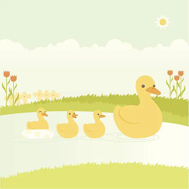 Vector illustration of Mother duck swimming with her ducklings
