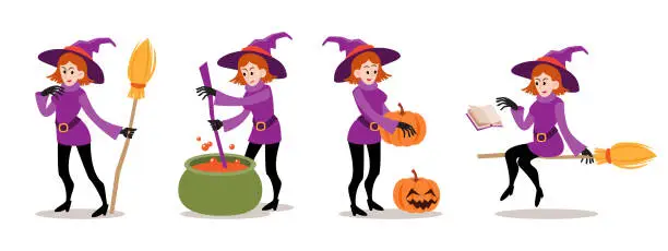 Vector illustration of Set of Witches . Halloween cartoon characters . White isolate background . Vector .