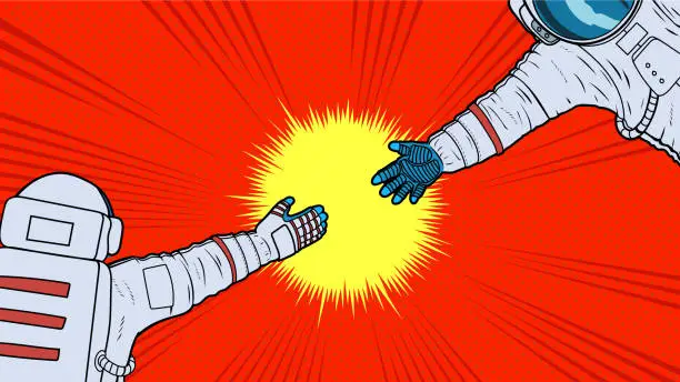 Vector illustration of Vector Pop Art Astronaut Helping Hands Reaching Each Other Stock Illustration