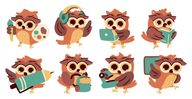 Vector illustration of Owl . Set of cute cartoon characters . Hand drawn style . Education concept . Vector .