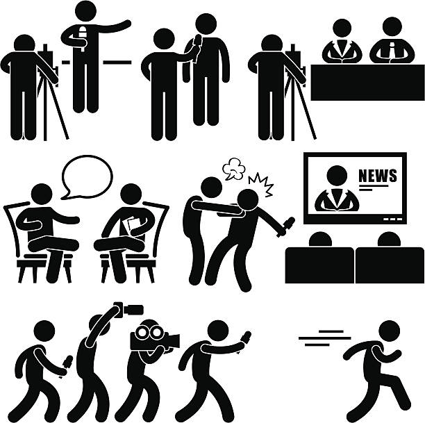 News Reporter Anchor Woman Newsroom Pictogram A set of pictograms representing newsroom talkshow, and news reporter. interview camera stock illustrations