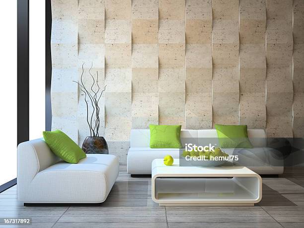 Modern Interior With Concrete Wall Panels Stock Photo - Download Image Now - Sofa, Wood Paneling, Apartment