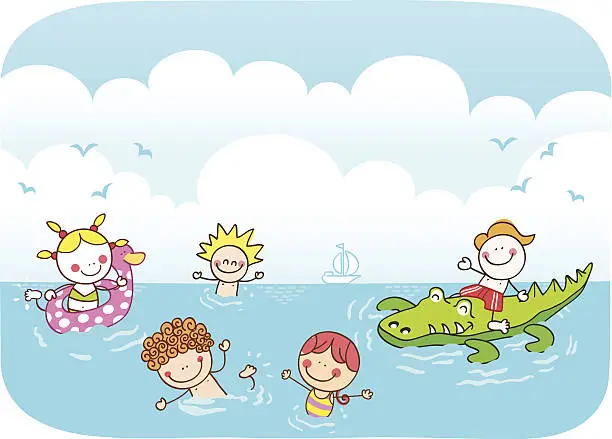 Vector illustration of summer kids swimming cartoon illustration