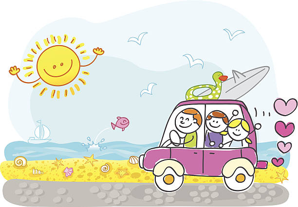 ilustrações de stock, clip art, desenhos animados e ícones de feliz família dirigindo para umas férias de verão praia mulher ilustração - drawing child childs drawing family