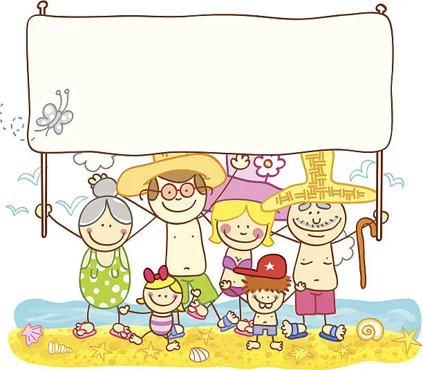 Vector illustration of happy summer family with banner cartoon illustration
