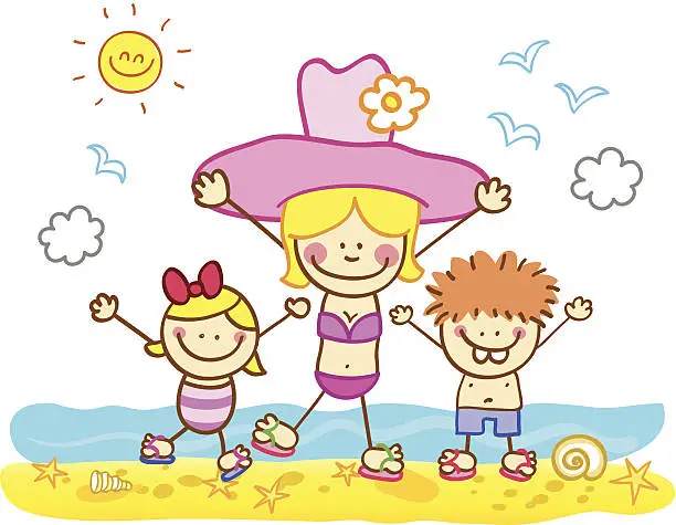 Vector illustration of children with mother at beach cartoon illustration