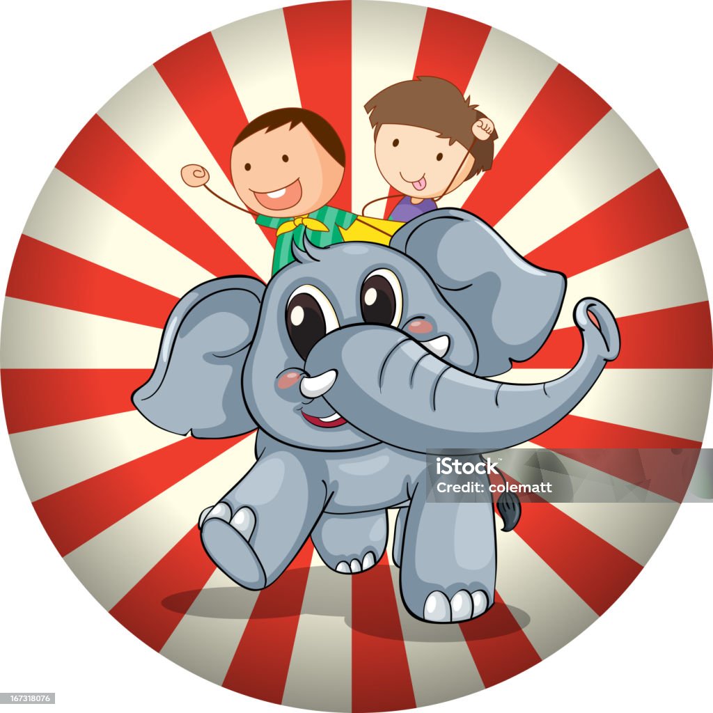 Due bambini scivolare sul retro di un elefante grigio - arte vettoriale royalty-free di Animale